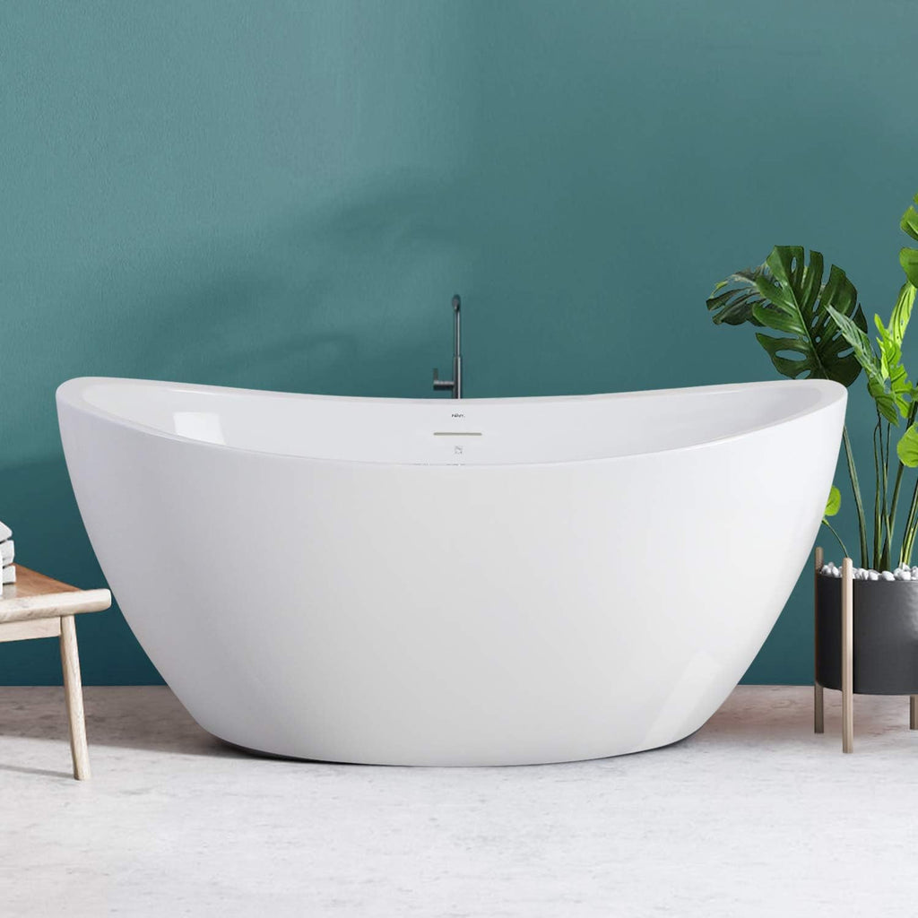 FerdY Naha 59' Acrylic Freestanding Bathtub, Curve Edge Freestanding Soaking Bathtub, Glossy White, cUPC Certified, Brushed Nickel Drain & Minimalist Linear Design Overflow Included, 02588
