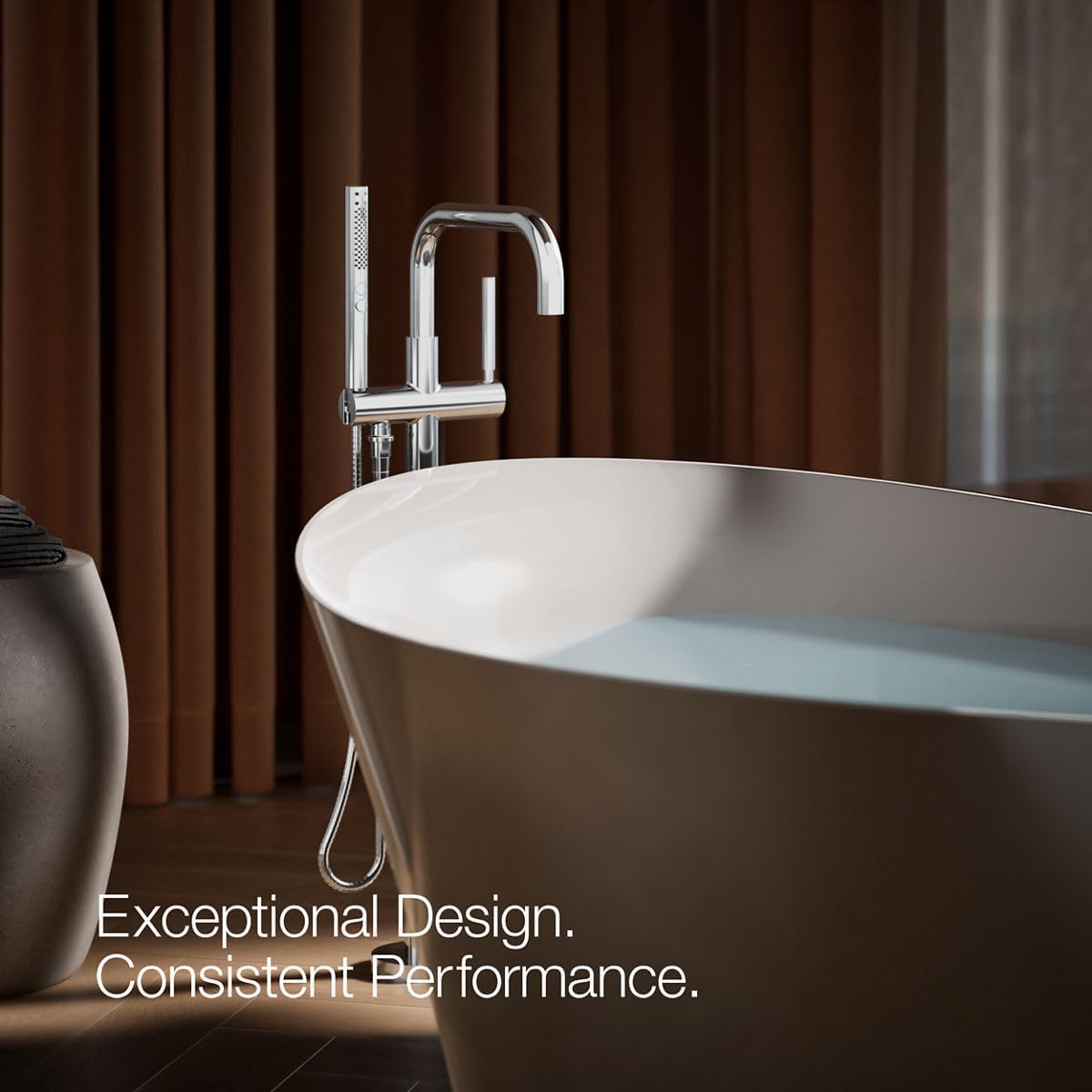 KOHLER Purist® floor-mount bath filler with included handshower, polished chrome, tub filler, bath filler, multifunction handshower, K-T97328-4-CP