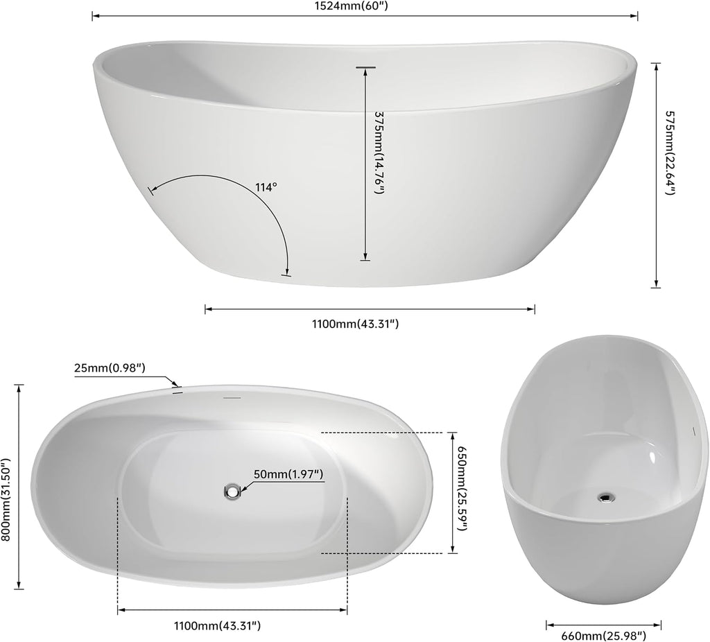 SJ STAR&JANE 60' Freestanding Bathtub, Acrylic Soaking Bathtub, Modern Acrylic Stand Alone Tub in white Intergrated Drain and Overflow,cUPC Certified