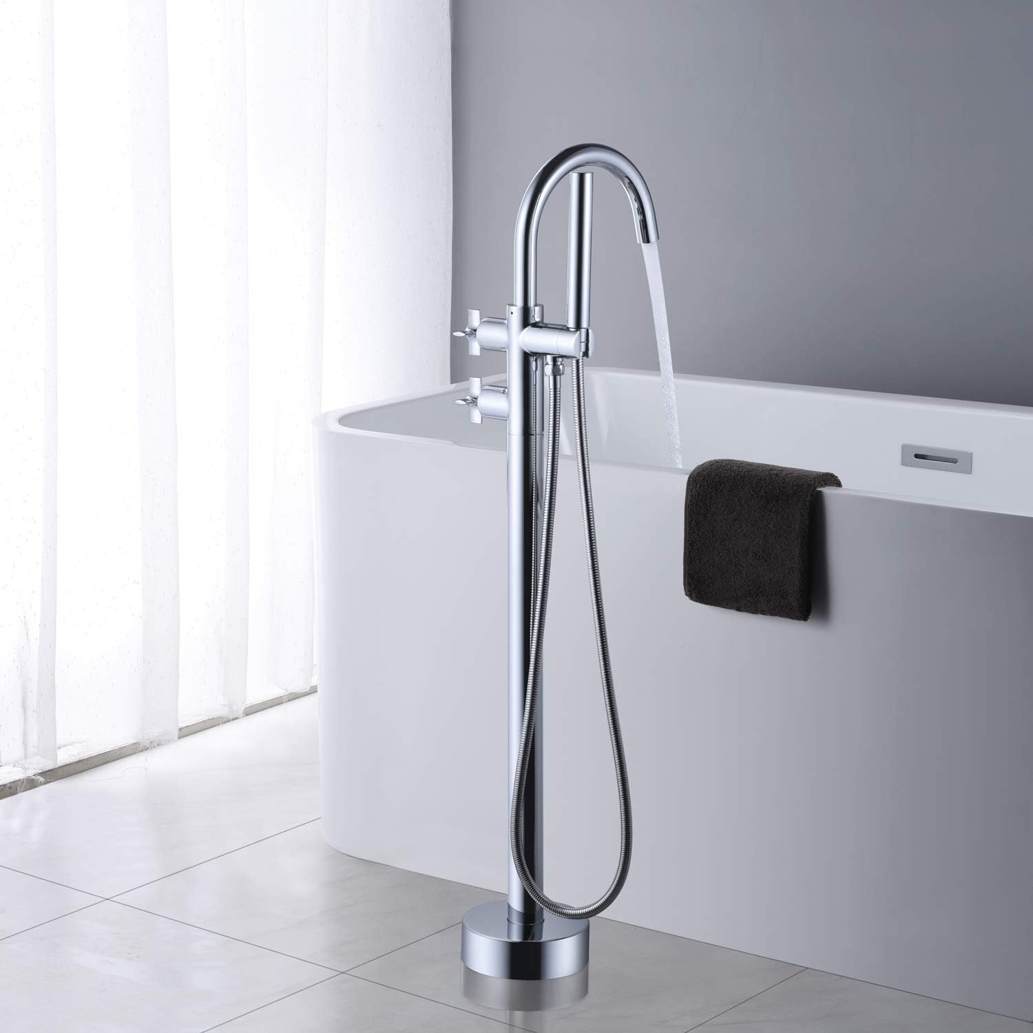 Tub Filler Freestanding Bathtub Faucet Chrome Floor Mount Brass Faucets with Hand Shower