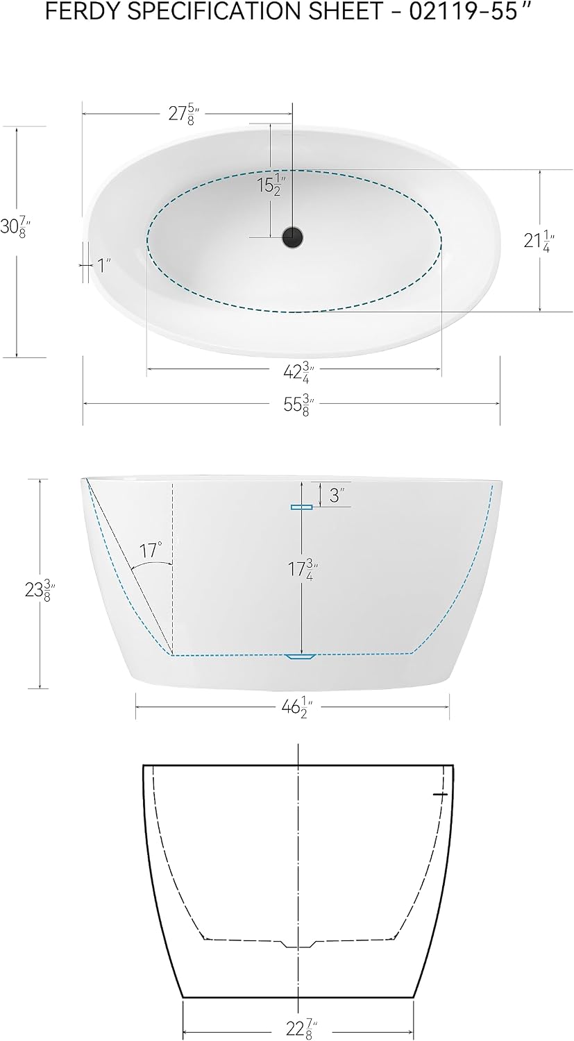 FerdY 55' Acrylic Freestanding Bathtub, Contemporary Soaking tub with Matte Black Drain & Overflow, Elegant Oval Shape, cUPC Certified, Tahiti
