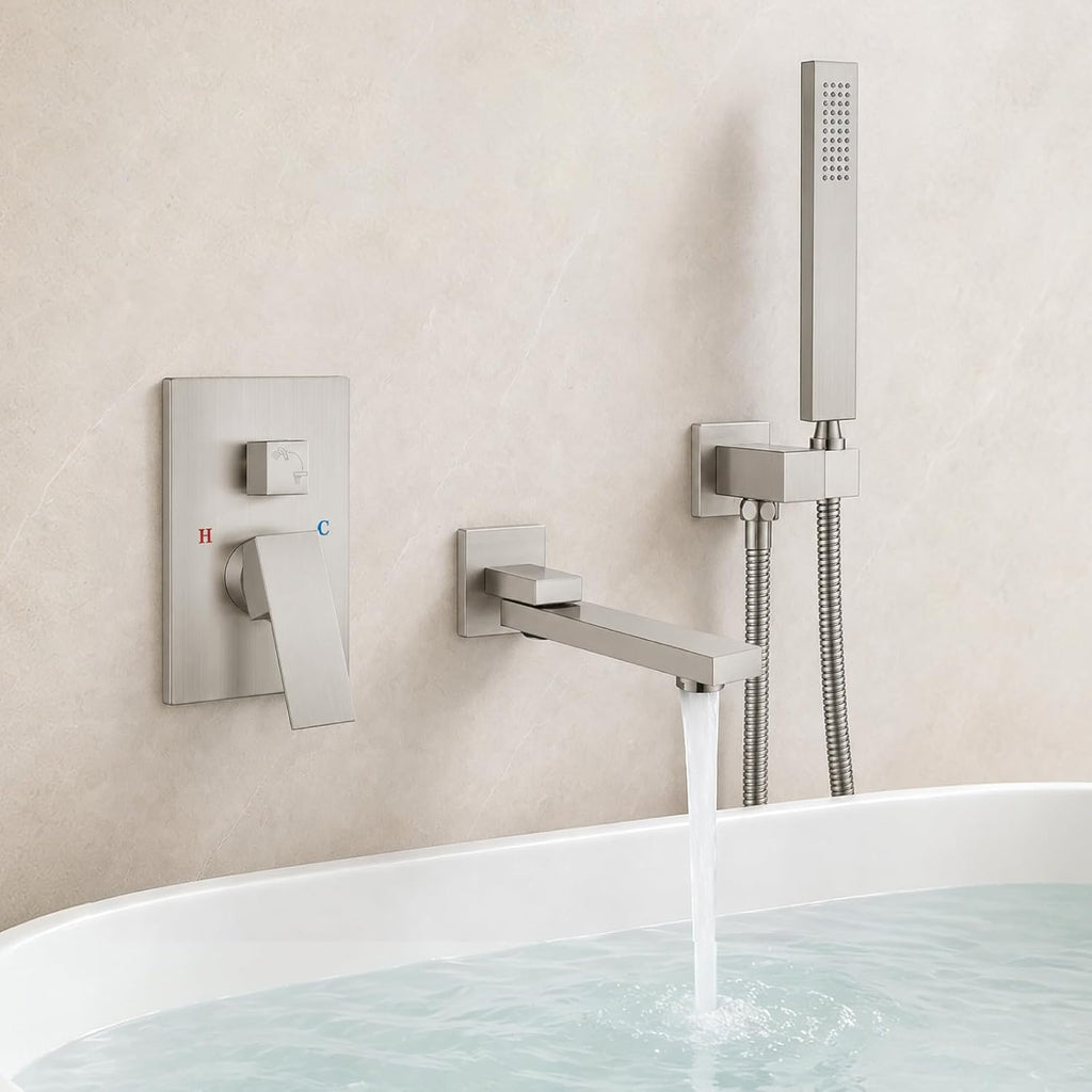 gotonovo Wall Mounted Bathtub Faucet with Hand Held Sprayer,Tub Shower Faucet Set,Single Handle Bathroom Shower System Mixer for Tub,Rough-In Valve Included Swivel Tub Spout Brushed Nickel