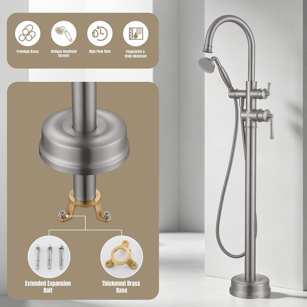 Free Standing Tub Faucet, Antique, Brushed Nickel (B2311-BN) | H59-1 Premium Solid Brass, High Flow 6.6 GPM, Elegant & Vintage Styling