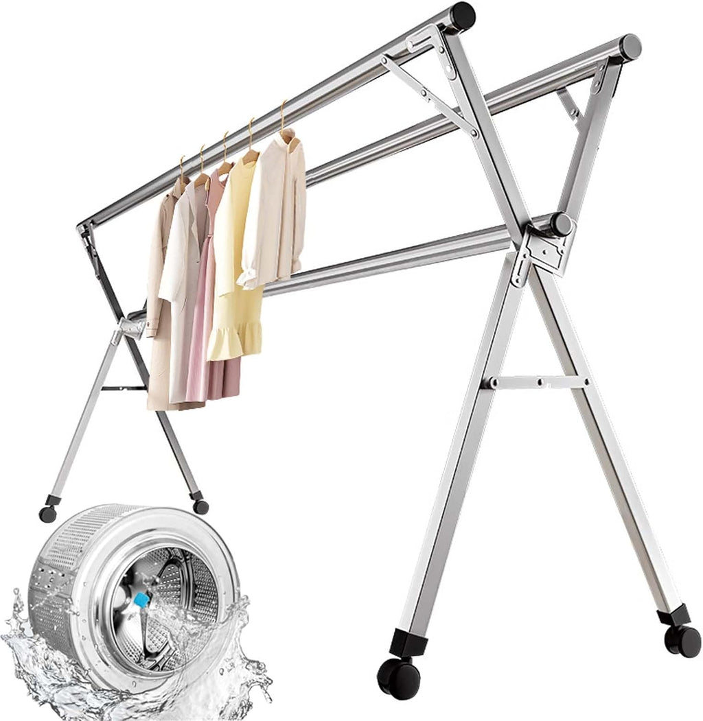 Clothes Drying Rack for Laundry, Stainless Steel Garment Rack, Foldable & Collapsible Laundry Drying Rack, Length Adjustable Space Saving Garment Rack, for Indoor Outdoor