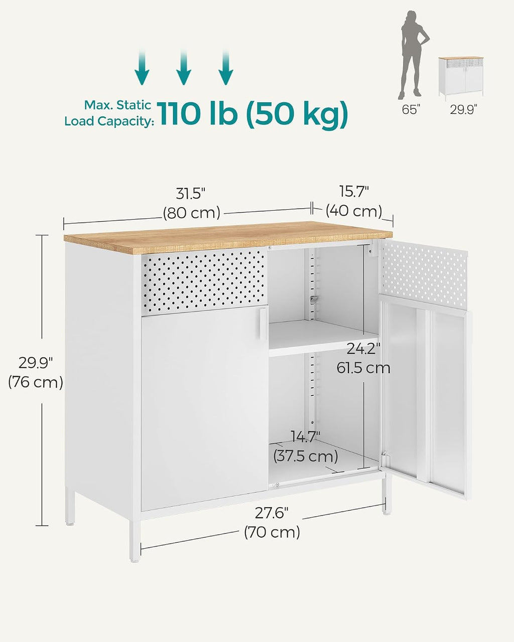 SONGMICS Set of 2 Storage Cabinets, Metal Cabinet, Sideboard with 2 Doors, 15.7 x 31.5 x 29.9 Inches, Magnetic Closure, Adjustable Shelf, Steel Frame, Natural Beige and White ULSC791W01