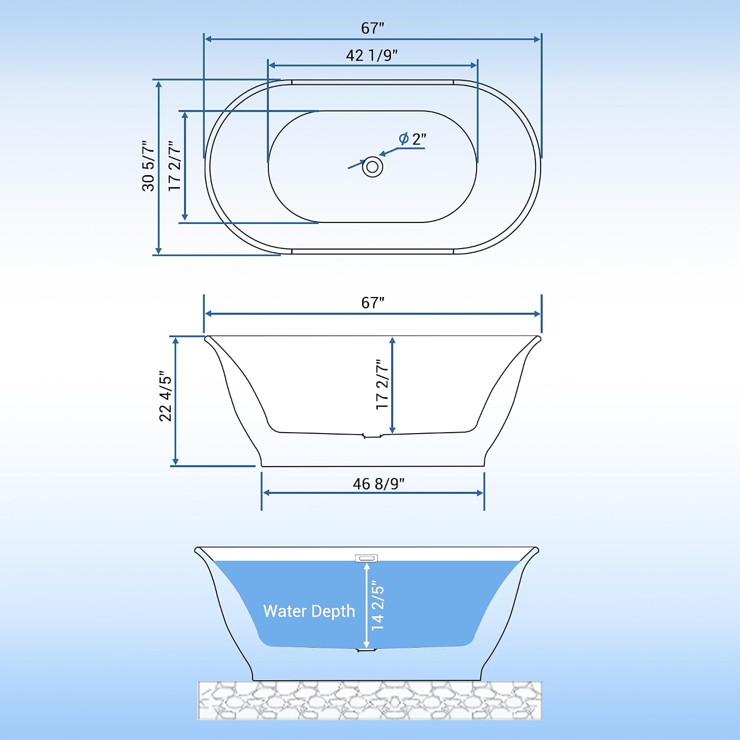67 inch Acrylic Oval Rim Freestanding Bathtub, Full White Glossy, Therapeutic Soaking Tub to Relieve Fatigue and Soothe Muscles, Chrome Drain & Overflow, Freestanding Tub