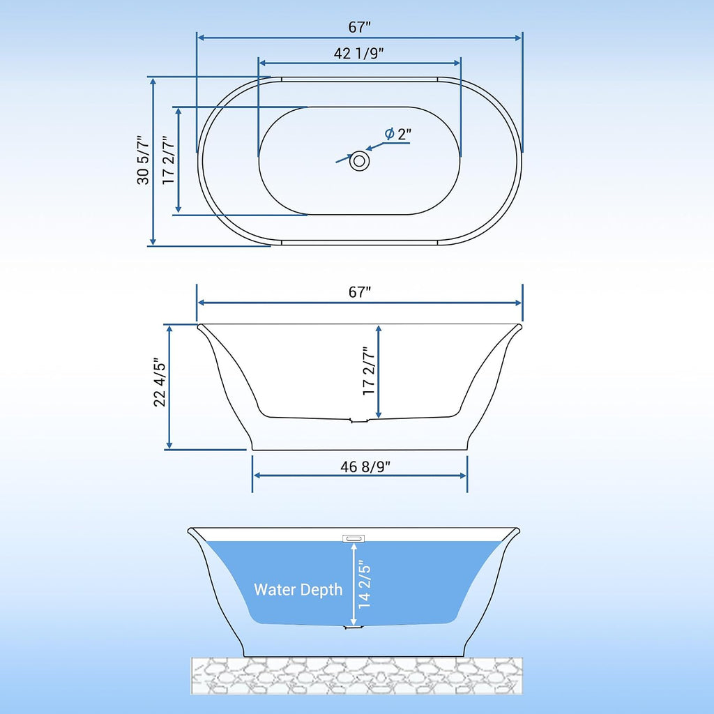 All-White Ergonomic Freestanding Acrylic Bathtub, 67 Inch Deep Soaking Tub, Double-Walled Insulation, Chrome Drain & Overflow, cUPC Certified, Easy Installation, Freestanding Bathtub