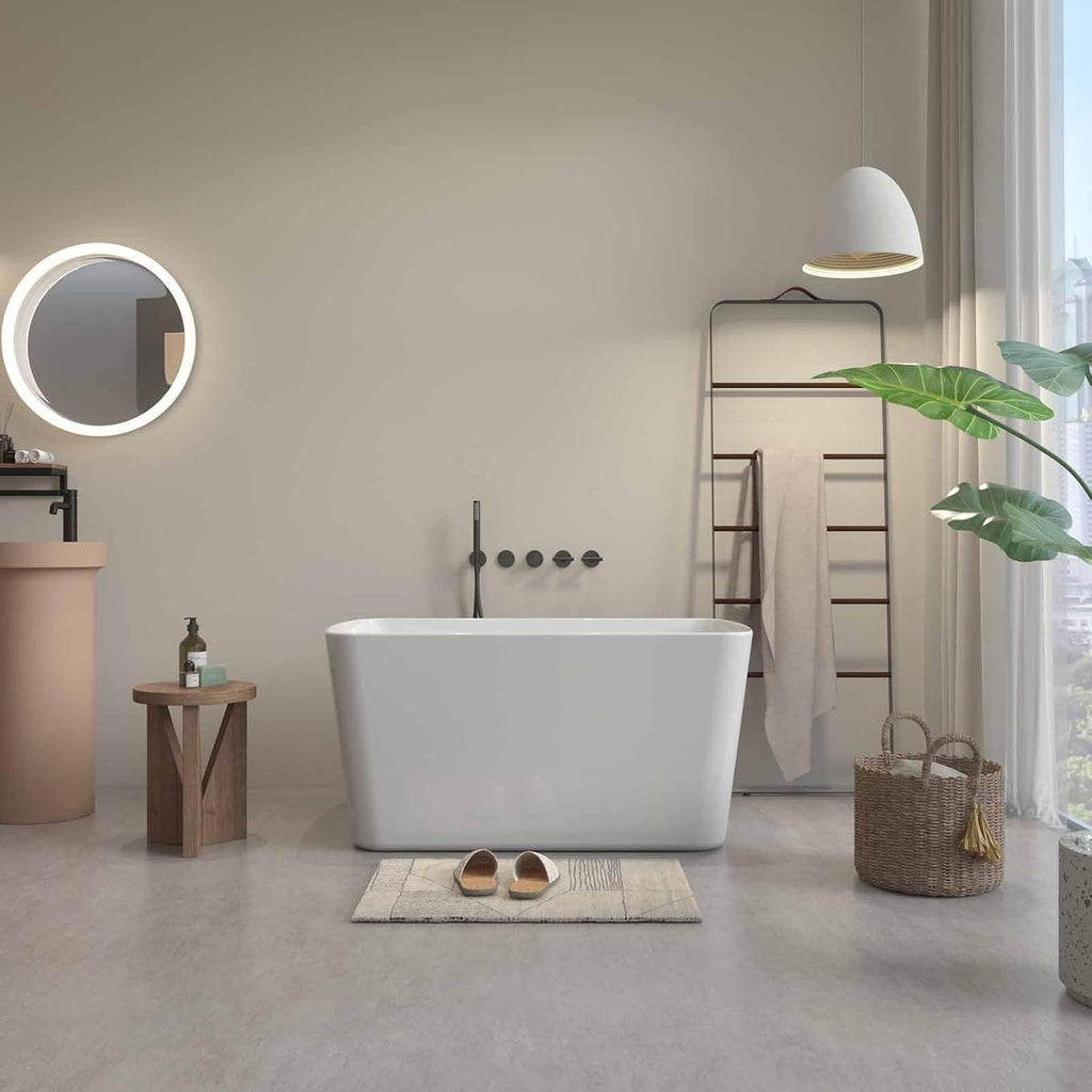 49' Rectangular Freestanding Soaking Bathtub with Chrome Overflow and Drain, Acrylic Stand Alone Tub with Seat, Japanese Soaking Tub for Bathroom, R-Corner Design, Ergonomic (White+Seat, 49')