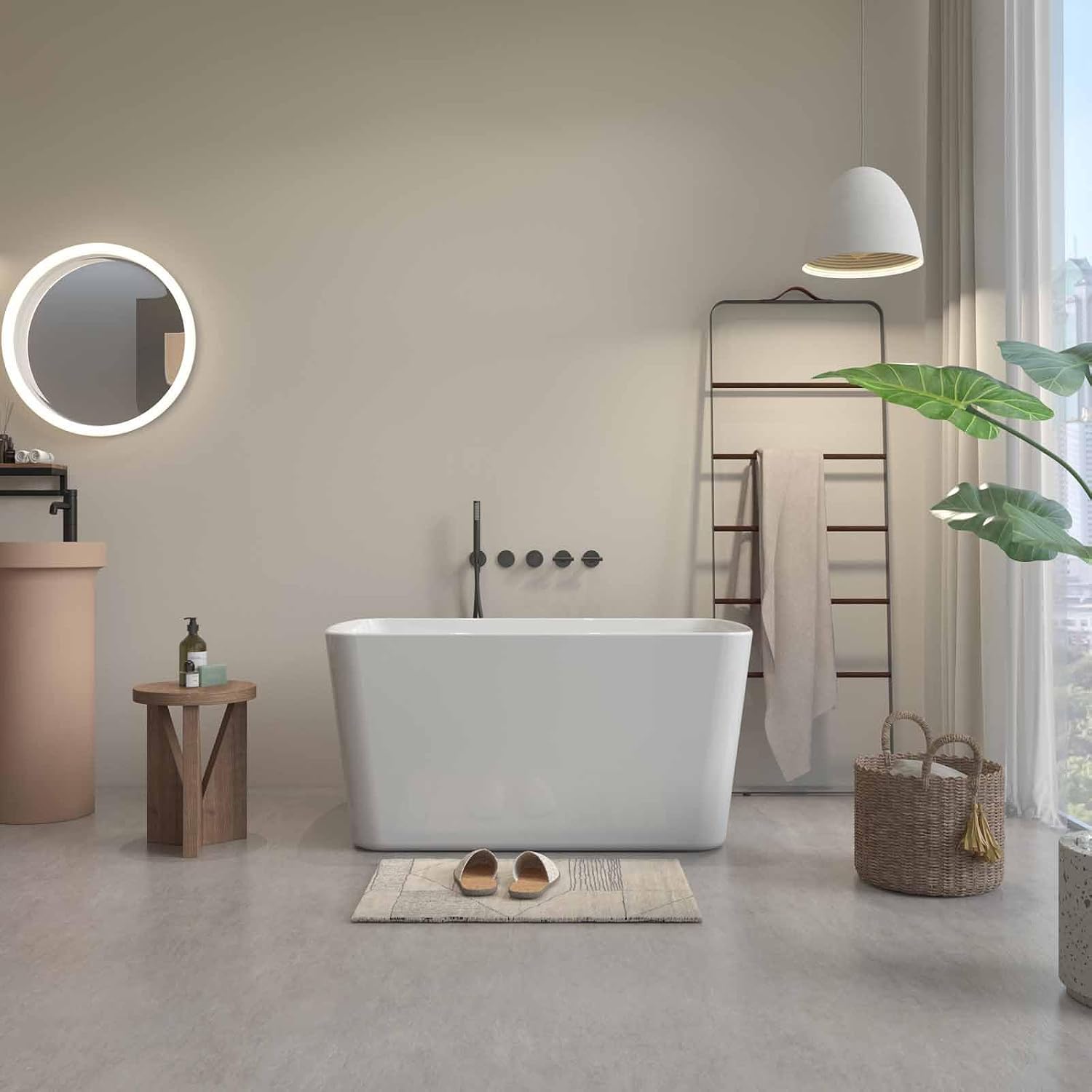 49' Rectangular Freestanding Soaking Bathtub with Chrome Overflow and Drain, Acrylic Stand Alone Tub with Seat, Japanese Soaking Tub for Bathroom, R-Corner Design, Ergonomic (White+Seat, 49')