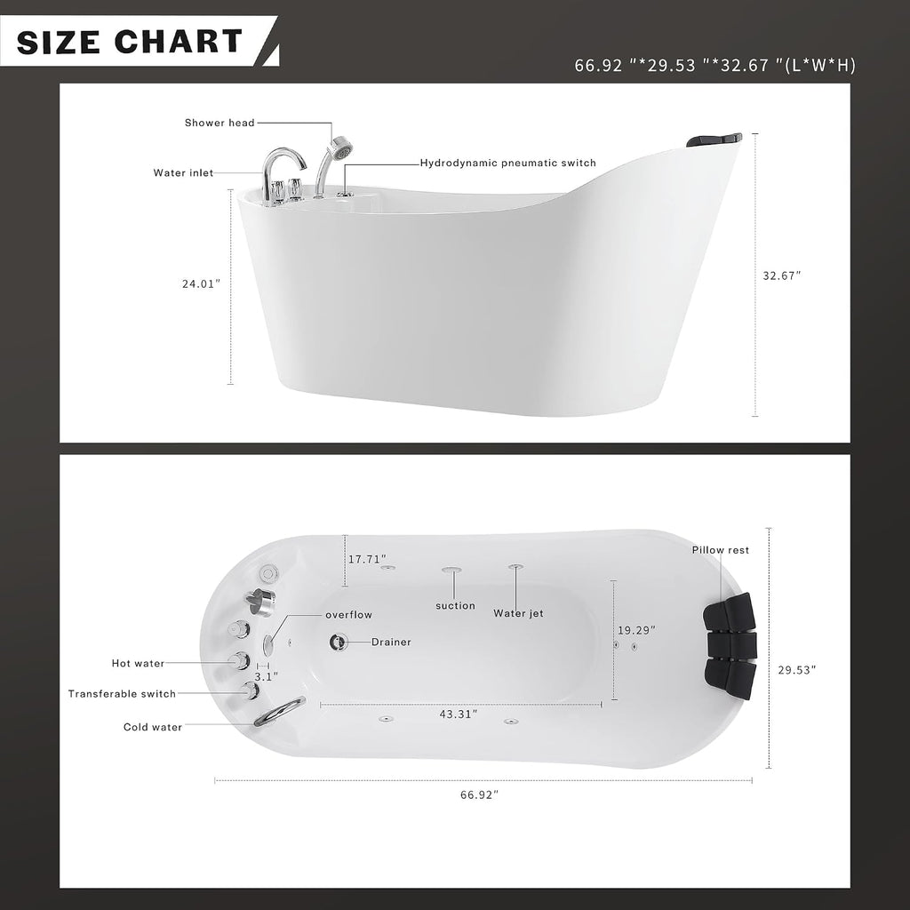 Empava 67'x 30' Freestanding Whirlpool Tub,560W Stand Alone Jetted Bathtub,Slipper Shape with Lumbar and Cervical Support, with 110V Power Plug, ETL Certified