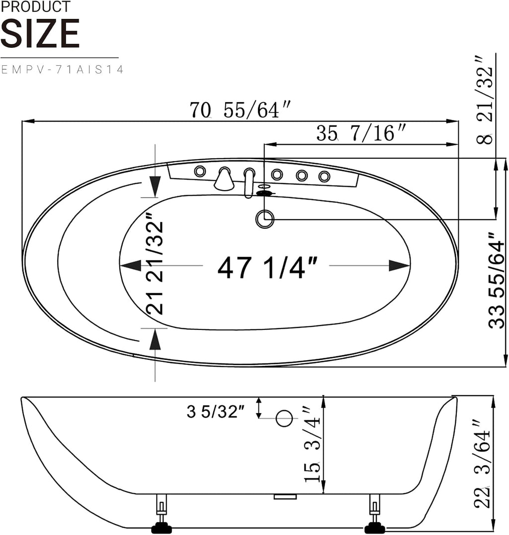 Empava 71' Freestanding Whirlpool Bathtub - 560W Stand Alone Jetted Tub with 7 Hydromassage Nozzles,Large Recline Angle, Boat Shape, Acrylic,ETL Certified