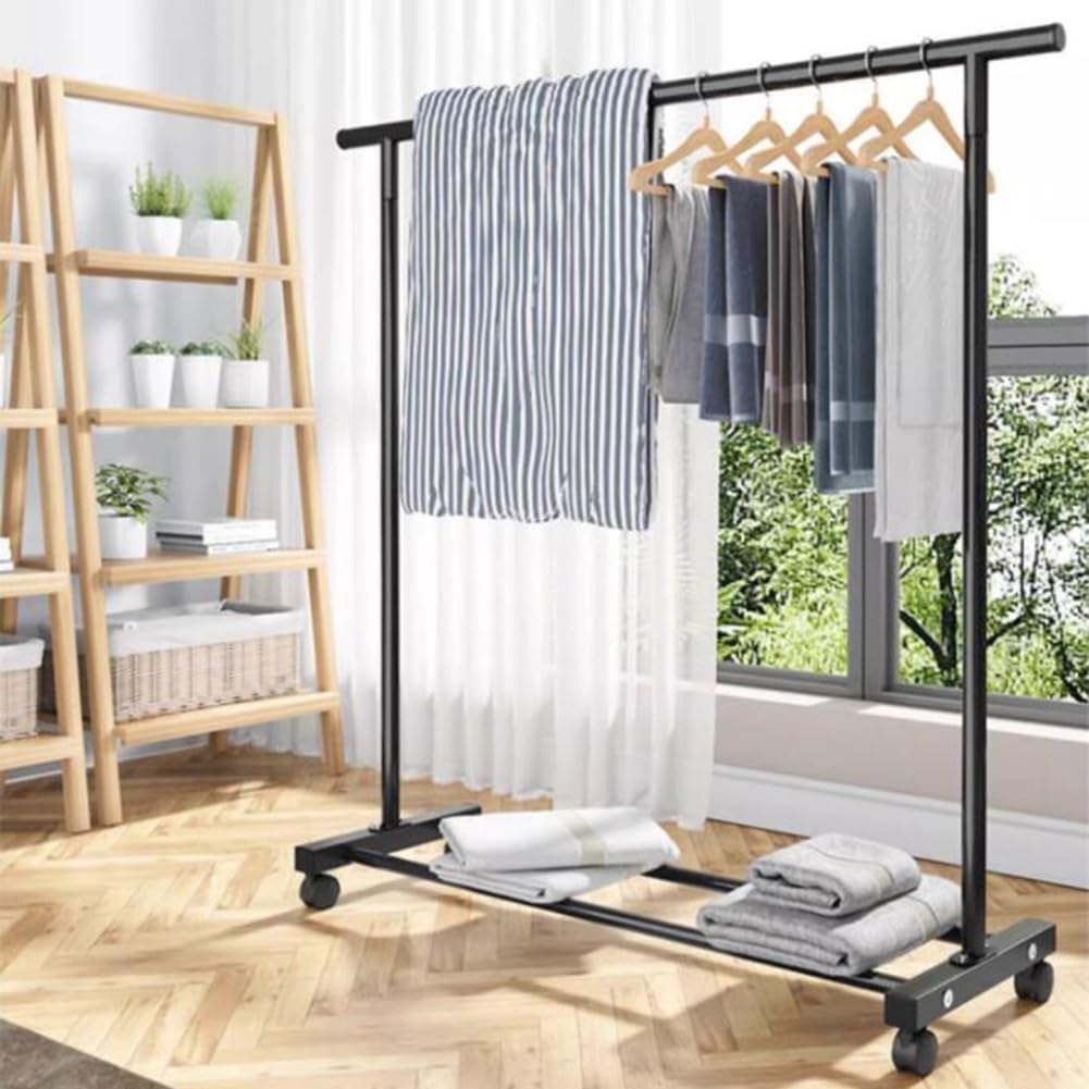 Rolling Metal Clothing Rail Garment Rack, Clothes Rack with Bottom Shelves, Portable Clothing Hanger Organizer with Wheels for Bedroom, Living Room, Max Load 80kg, 120cm