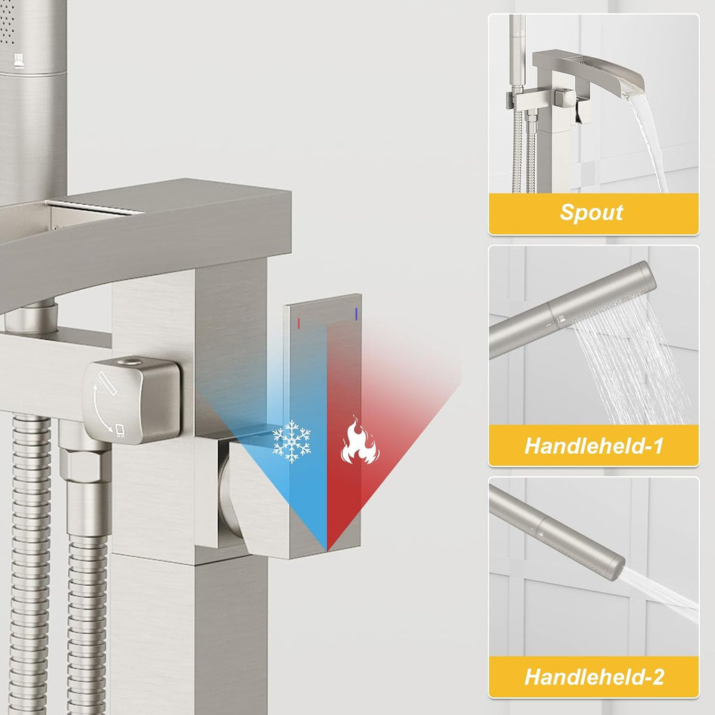 BESy Tub Filler Freestanding Bathtub Faucet Waterfall Floor Mount Brass Single Handle Bathroom Tub Faucets High Flow Bath Shower Faucets with 2 Function Handheld Sprayer Brushed Nickel