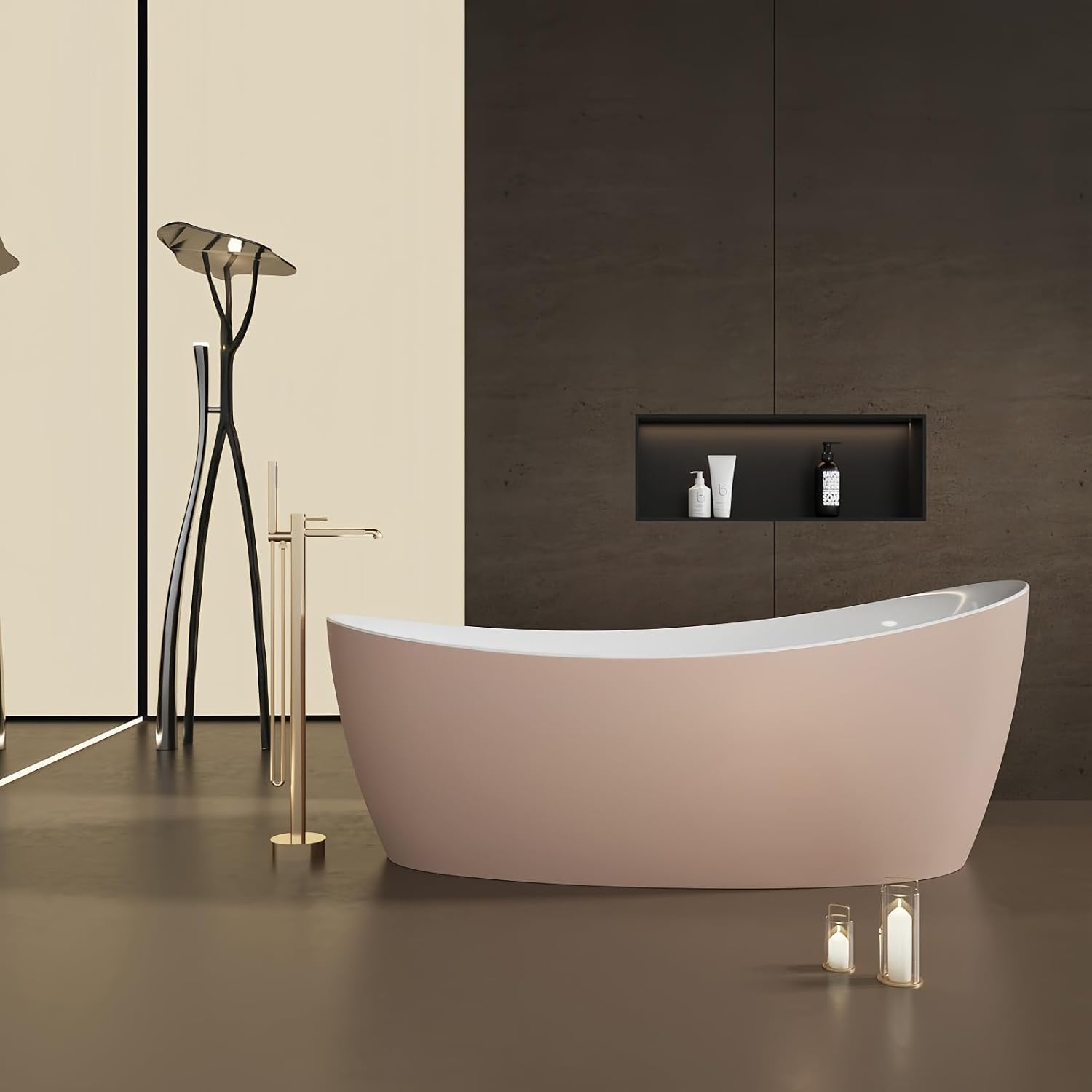 60' Edeyeu Oval Freestanding Bathtub - Extra Deep Acrylic Soaking Tub, Free Standing Bathtub Solid Surface, Modern Soaker Tub for Bathroom Spa, with Drain Pink A