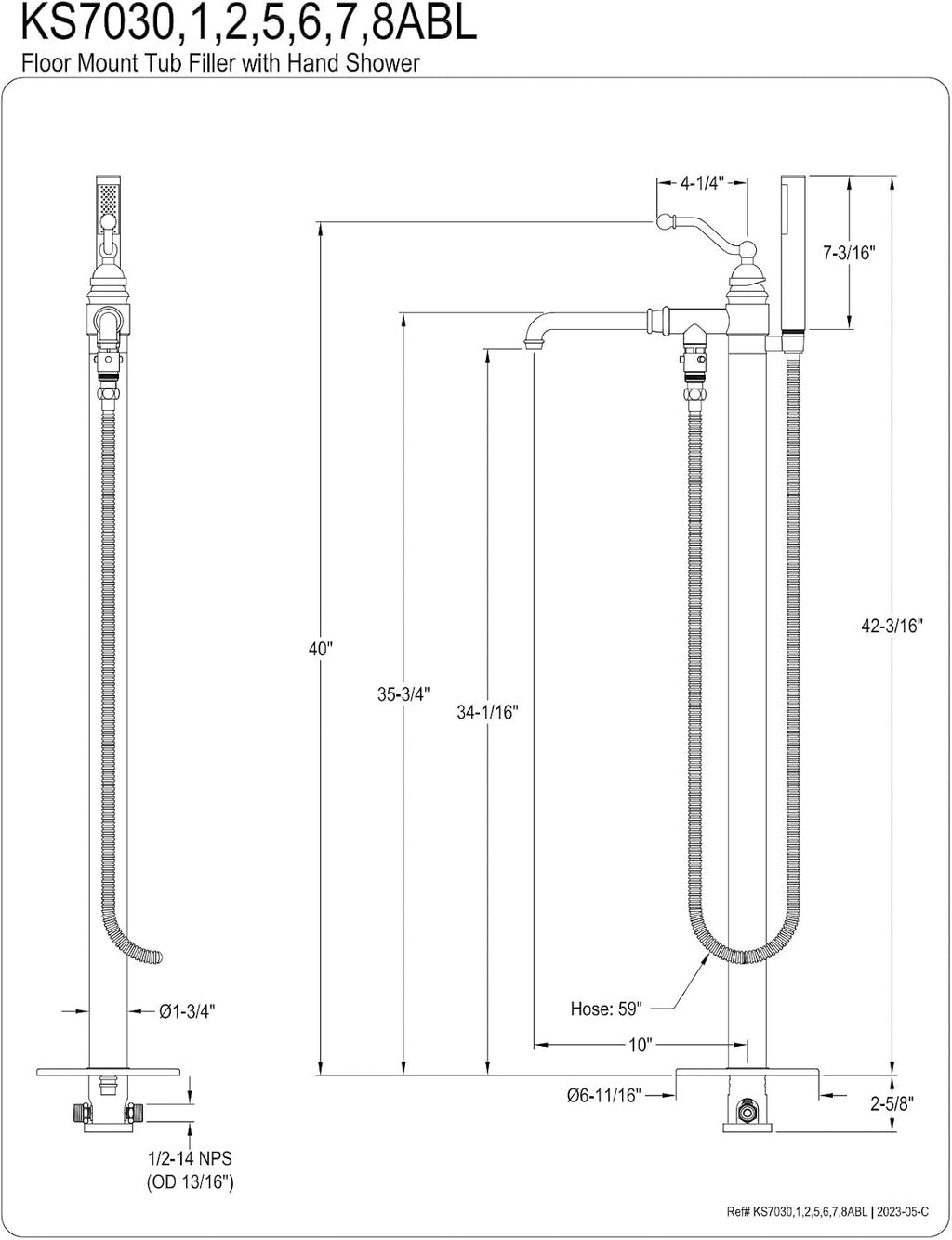 Kingston Brass KS7038ABL French Country Single Handle Freestanding Roman Tub Faucet with Hand Shower, Brushed Nickel