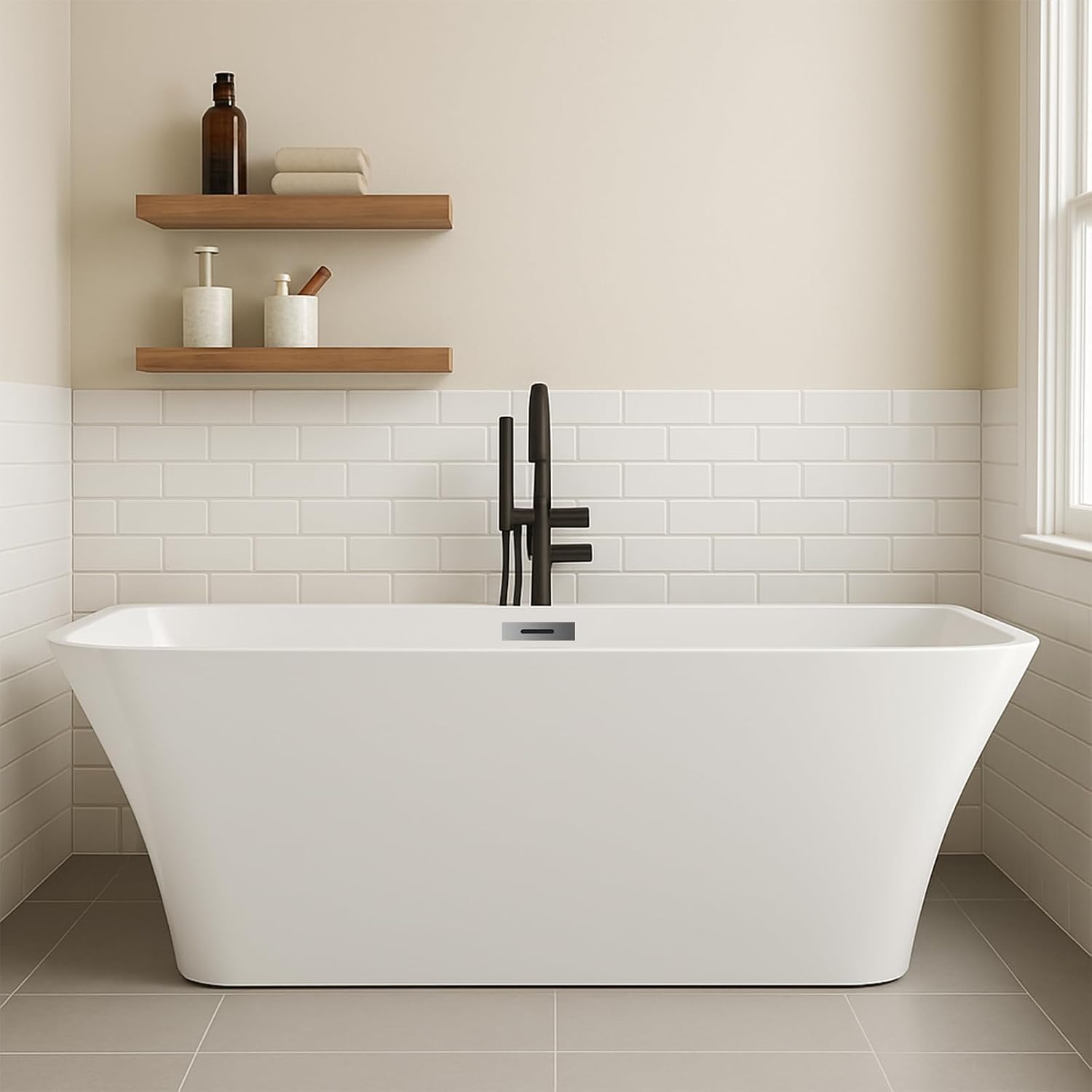 67' Freestanding Bathtub, Freestanding Soaking Bathtub with Double Wall Insulation, Ergonomic Deep Design,Non-Slip Base & Modern Acrylic Design, Matte Drain and Overflow, Modern Bath Tub