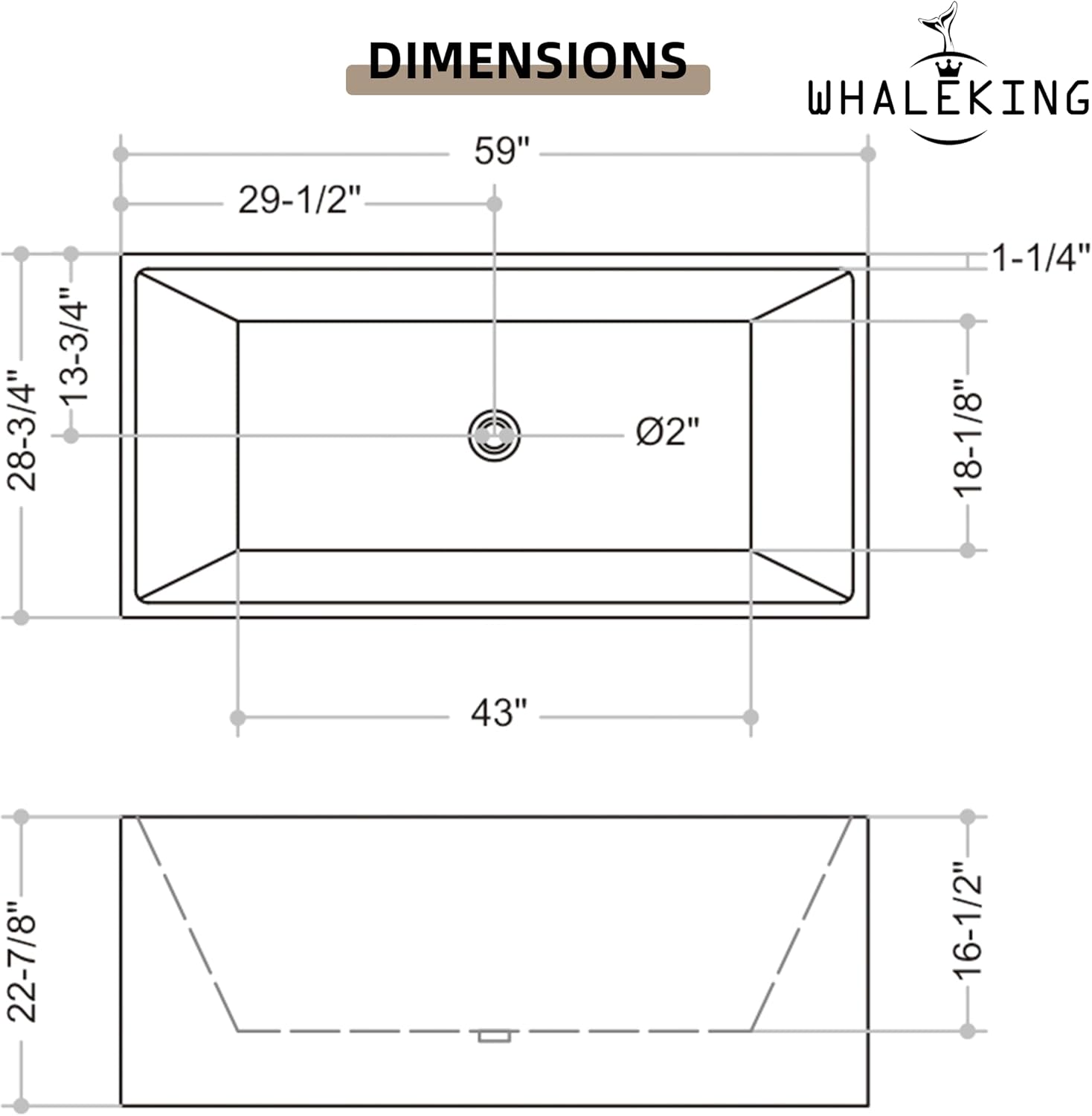 59 inch Freestanding Square Soaking Bathtub, WHALEKING Modern Integrated Seamless Alcove Stand Alone Free Standing Acrylic Tub, Back to Wall Bathtub with Center Chrome Drain & Overflow, Glossy White