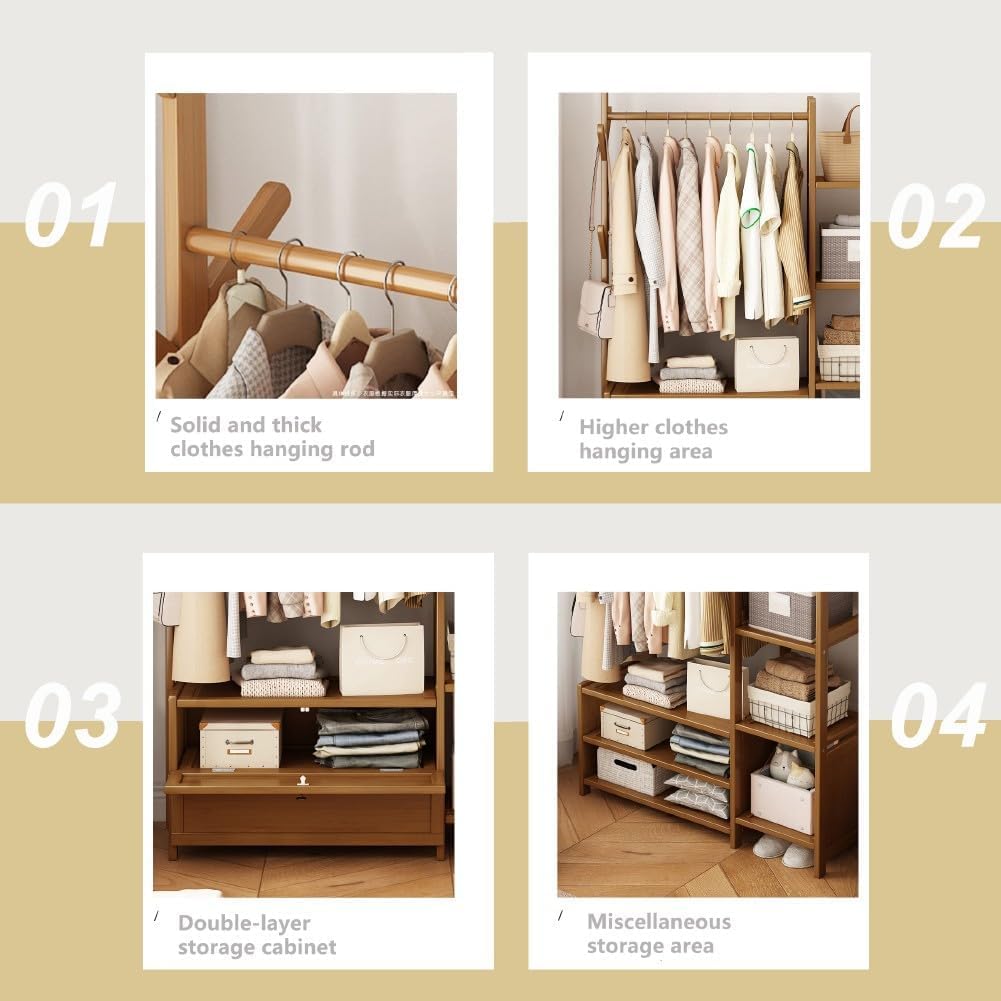 Open Wardrobe for Bedroom - Wooden Clothes Rail with Drawers, Free Standing Garment Rack, Style for Clothes Storage