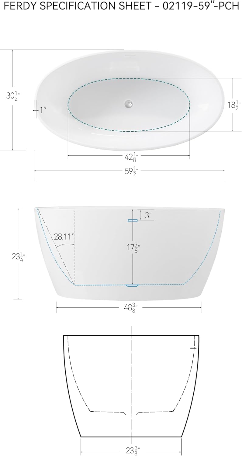 FerdY 59' Acrylic Freestanding Bathtub, Contemporary Soaking tub with Chrome Drain & Overflow, Elegant Oval Shape, cUPC Certified, Tahiti