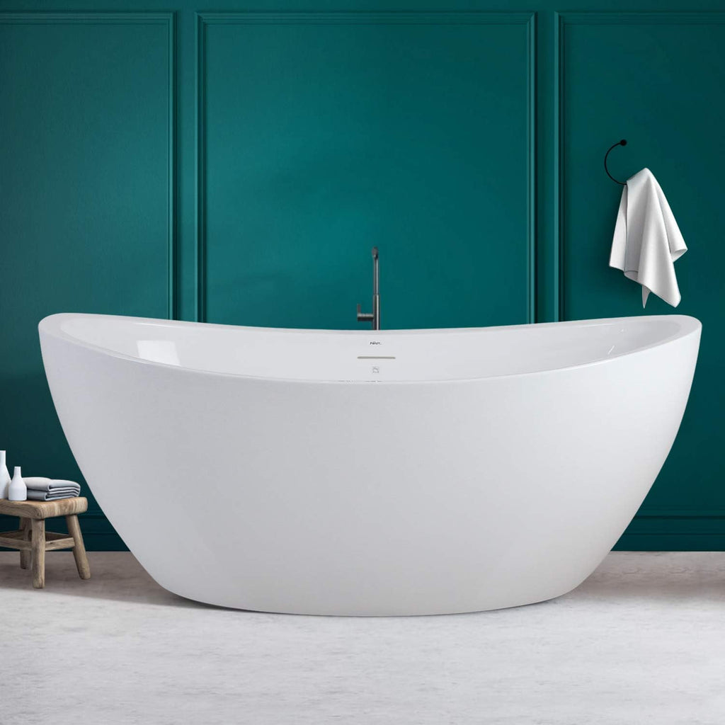 FerdY Naha 67' Freestanding Bathtub, Curve Edge Soaking Bathtub with Brushed Nickel Drain & FerdY Back Scrubber for Shower,Long Handled Loofah on a Stick, Soft PE Mesh Back Sponge for Bath, Body Brush