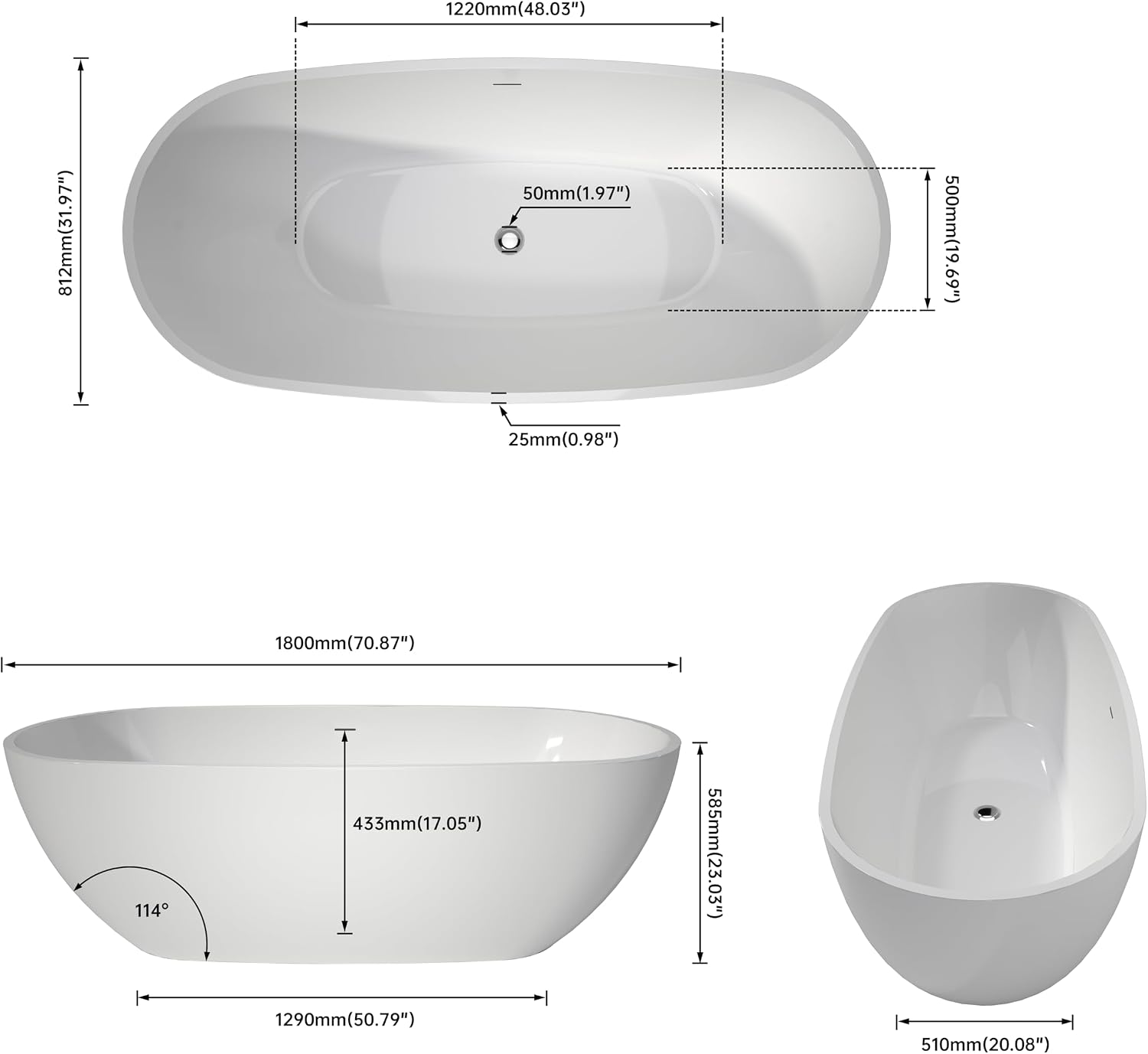 SJ STAR&JANE 71' Freestanding Bathtub, Acrylic Soaking Bathtub, Modern Acrylic Stand Alone Tub in white Intergrated Drain and Overflow,cUPC Certified