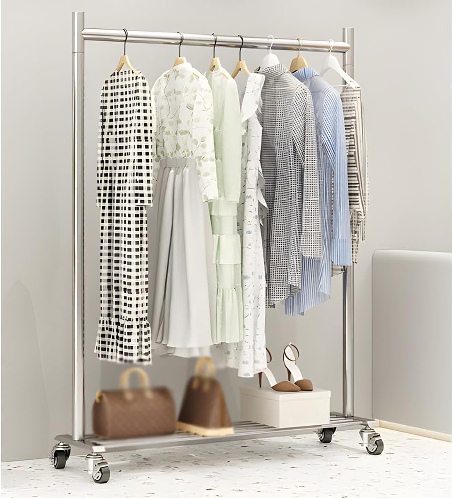 Stainless Steel Coat Rack,Industrial Pipe Clothing Rack with Wheels and Bottom Shelf, Freestanding Large Capacity Single Rail Garment Rack, for Bedrooms and Boutiques(80x40x135 cm)