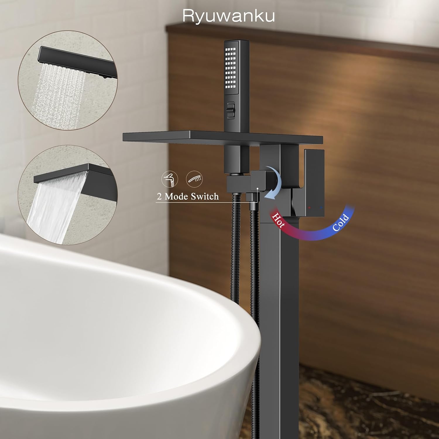 Freestanding Bathtub Faucet with Handheld Sprayer, Matte Black Floor Mount Tub Filler, High Flow Waterfall Brass Bath Shower Faucet for Modern Bathroom