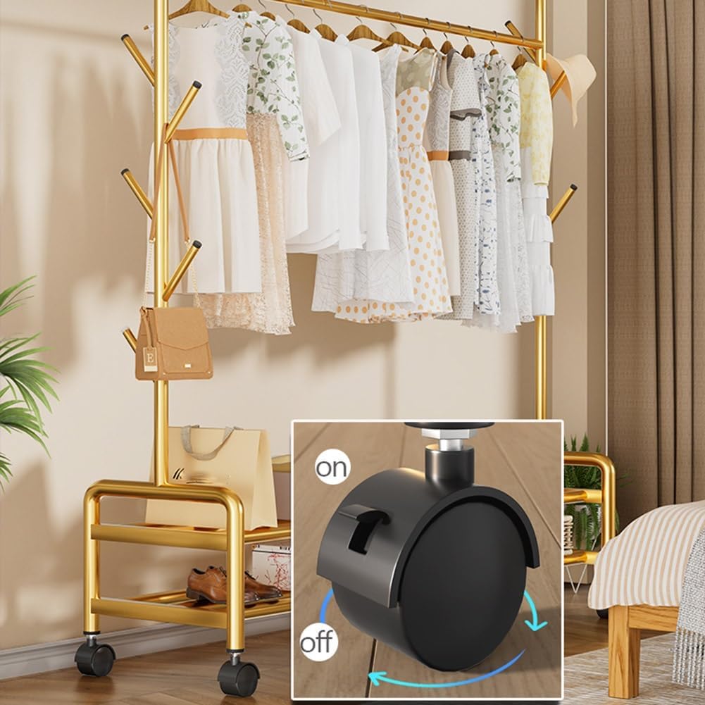 Narrow Clothes Garment Rack with Wheels, Rolling Clothes Organizer with Side Hooks and 2-Tier Storage Shelves, Clothing Rail for Bedroom, Laundry Room, Living Room, Gold