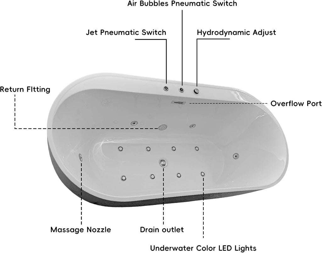 67'x31.5' Jetted Tubs with 6 Whirlpool Nozzles and 8 Air Bubbles, White Freestanding Massage Whirlpool Bathtub, Hydro Massage, Color-Changing LED Chromatherapy, Air type control switch