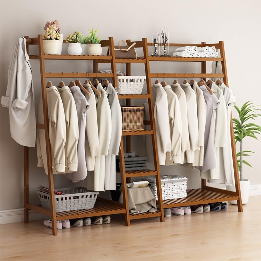 Floor-Standing Solid Wood Rotating Coat Rack，Bamboo Freestanding Clothing Rack with Hanging Rod - Stylish Garment Stand for Bedroom & Hallway - Trapezoid Design for Open Wardrobe Storage Sol