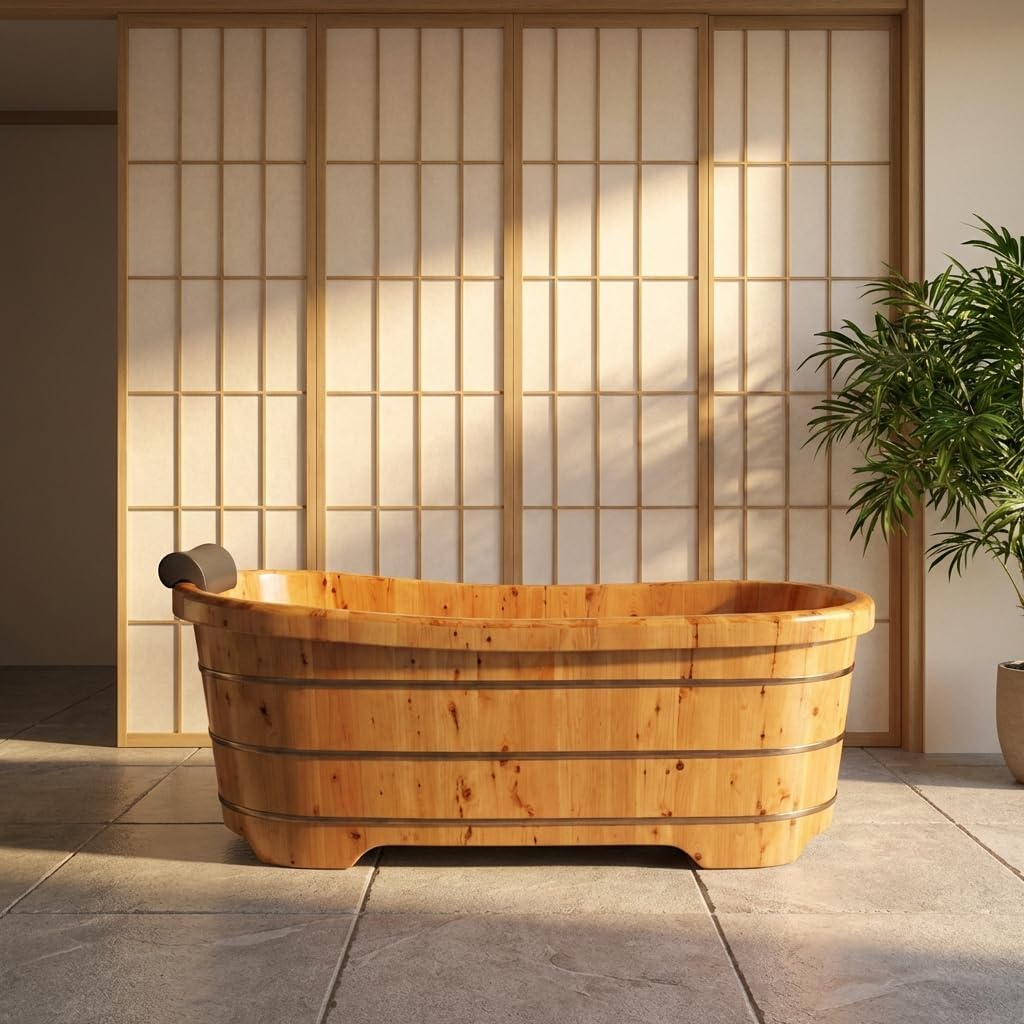55 In Cedar Wood Bathtub for Adults, Wave-Base Water-Saving Wooden Bath Tub, Eco-Friendly Solid Wood Bath Barrel, Premium Sauna Wood Bath Tub for Home and Commercial Use