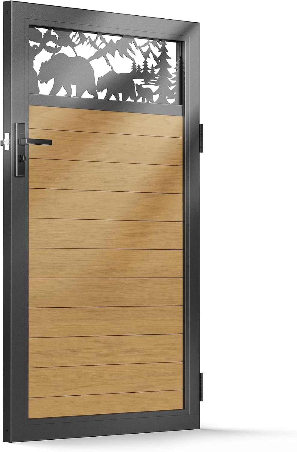 3x5 FT Aluminum Fence Gate Kit Wood Grain Aluminum Gate with Decorative Cutout, Lock & Hinges, Left/Right Opening, Weather Resistant for Yard Garden Patio