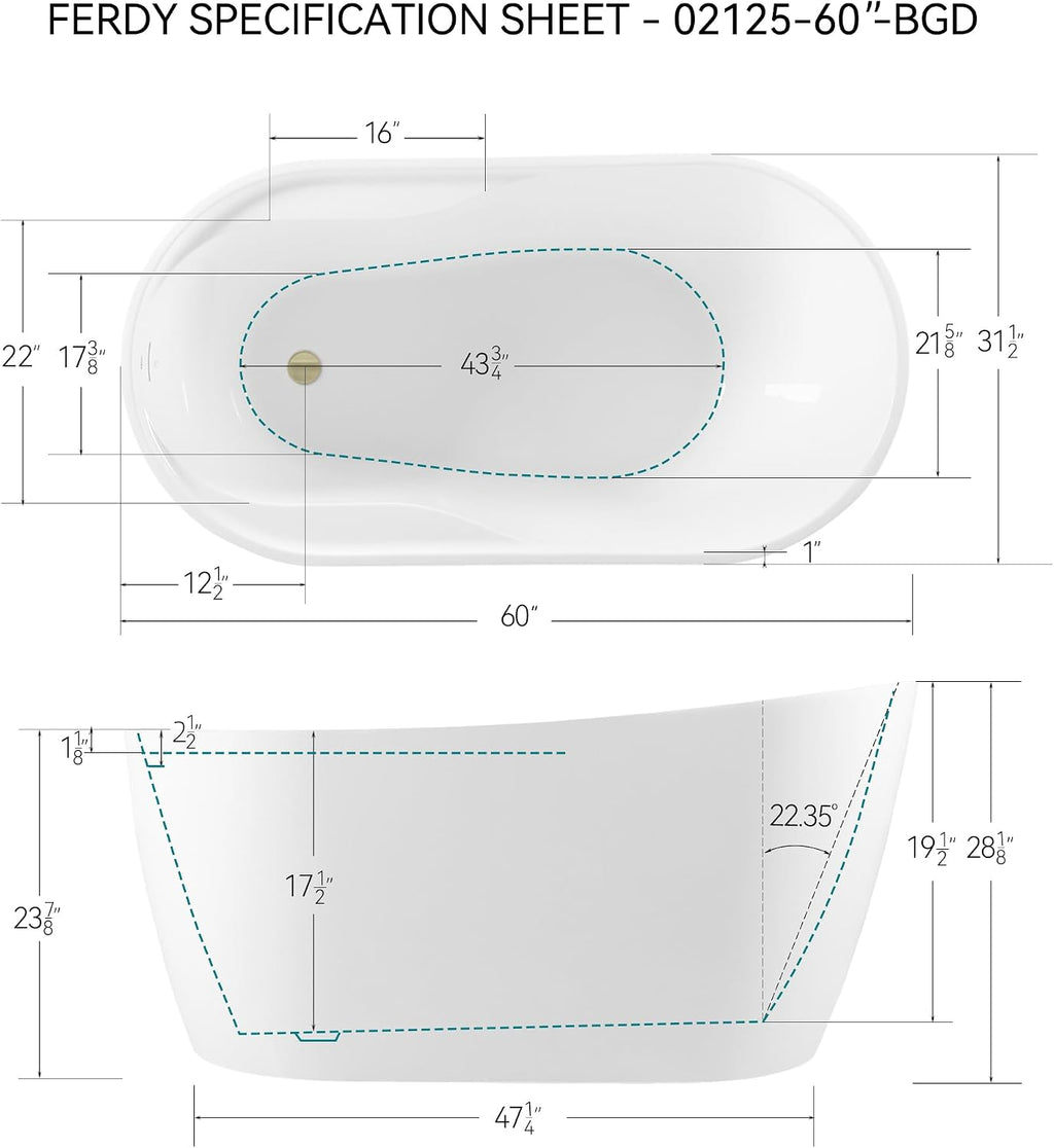 FerdY Lana'i 60' Freestanding Bathtub, Gracefully Shaped Freestanding Soaking tub, cUPC Certified, Brushed Gold Drain Assembly Included