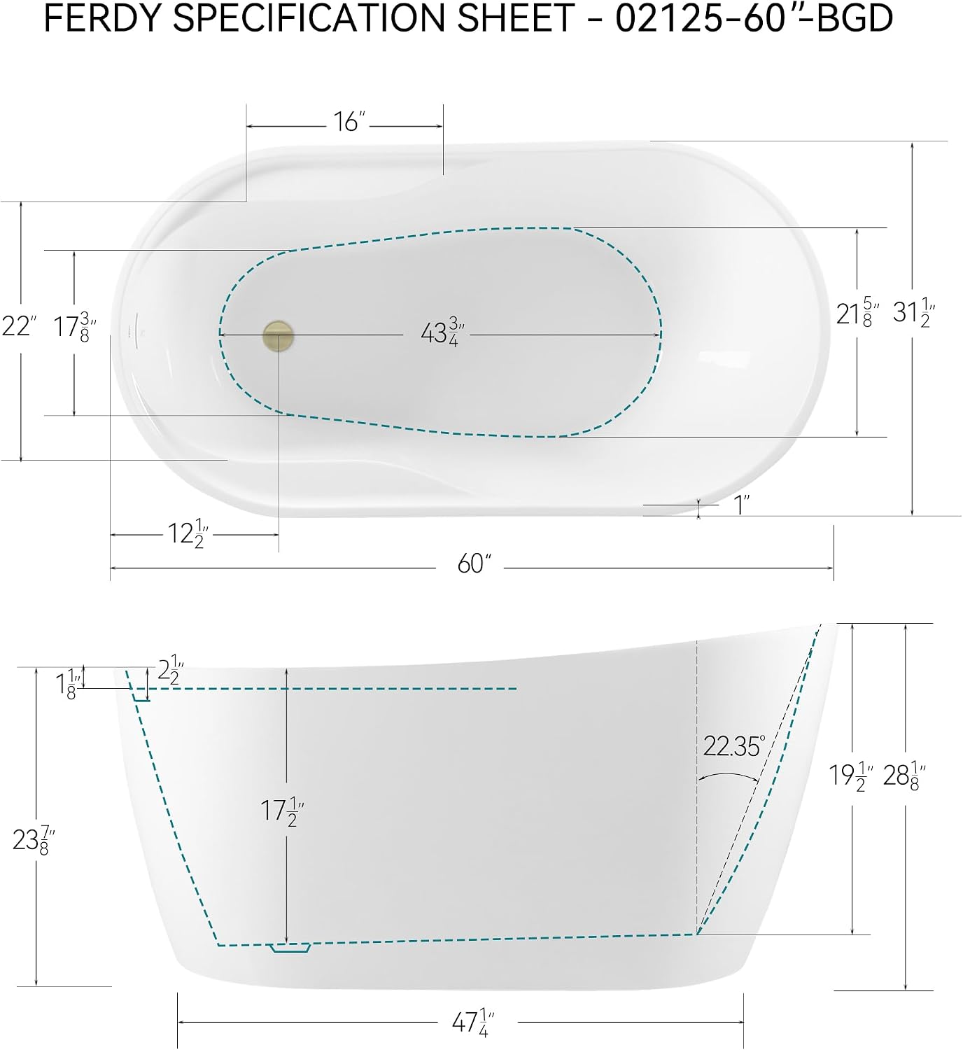 FerdY Lana'i 60' Freestanding Bathtub, Gracefully Shaped Freestanding Soaking tub, cUPC Certified, Brushed Gold Drain Assembly Included