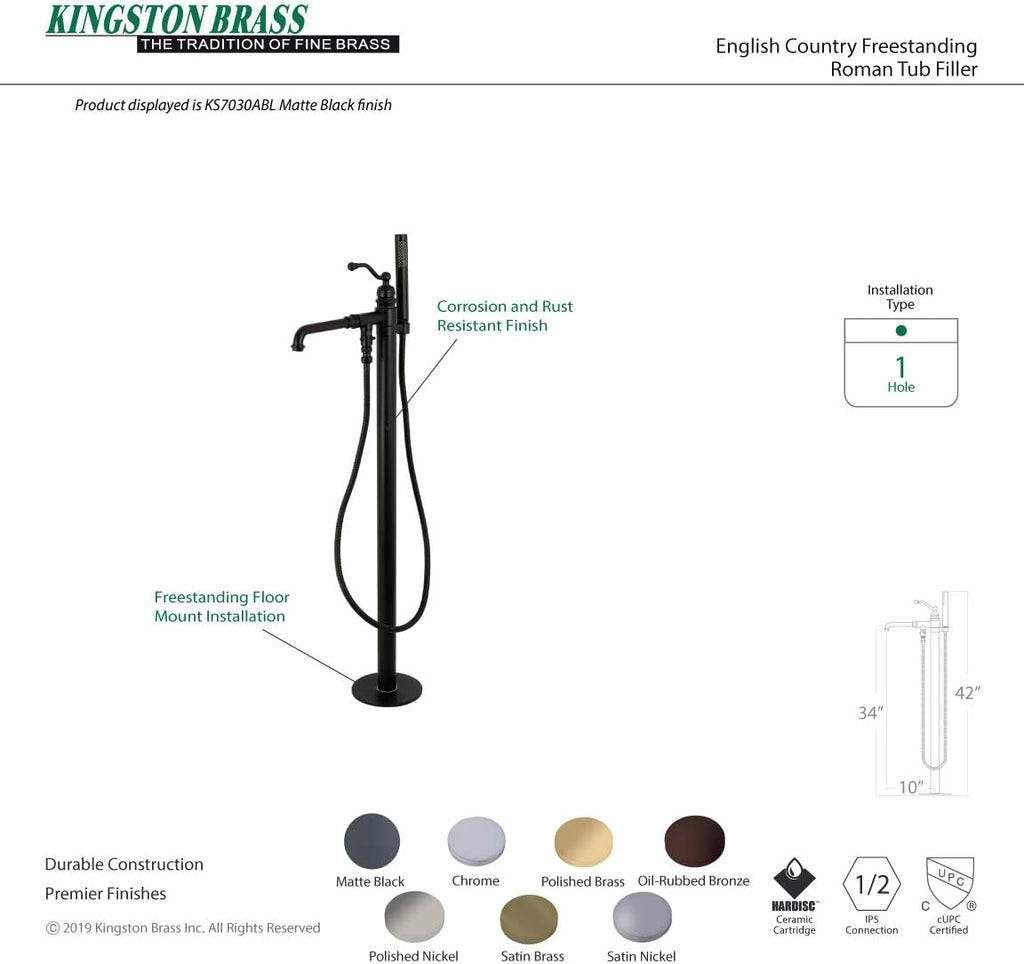 Kingston Brass KS7038ABL French Country Single Handle Freestanding Roman Tub Faucet with Hand Shower, Brushed Nickel