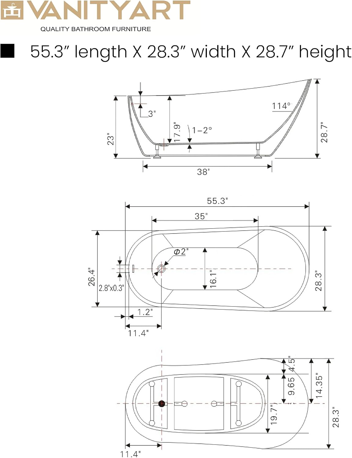 Vanity Art 55' Free Standing Tub Non-Slip Contemporary Design Freestanding Bathtub Soaking Tub with Overflow and Pop-up Drain, UPC Certified
