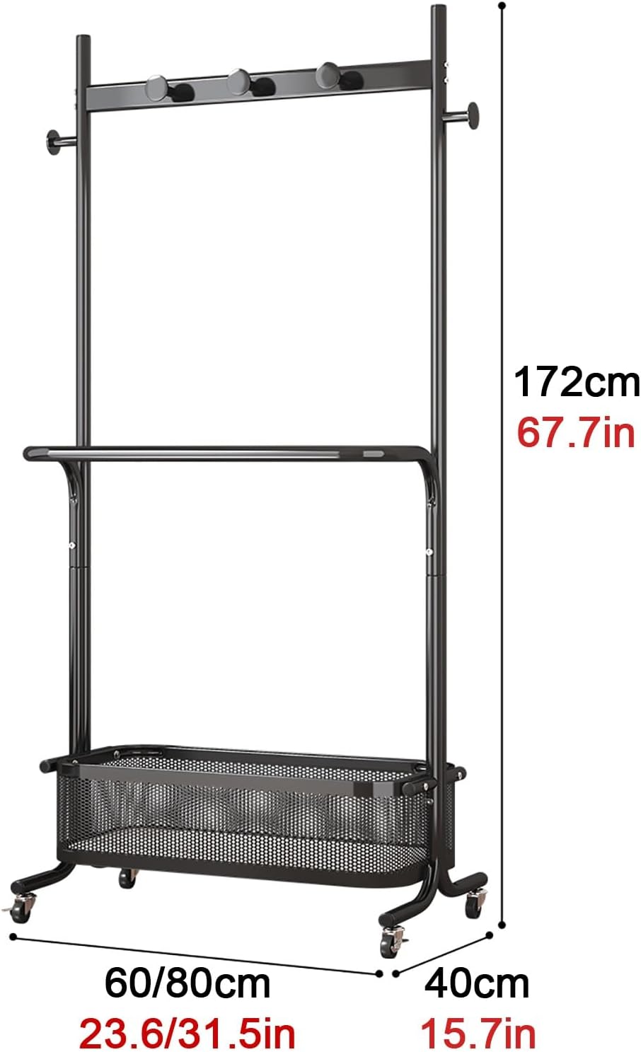 Clothes Racks For Hanging Clothes With Wheels,Garment Rack With Storage Shelves And Coat/Hat Hooks,Freestanding Rolling Clothing Organizer For Bedroom Living Room(White,60cm(23.6in))