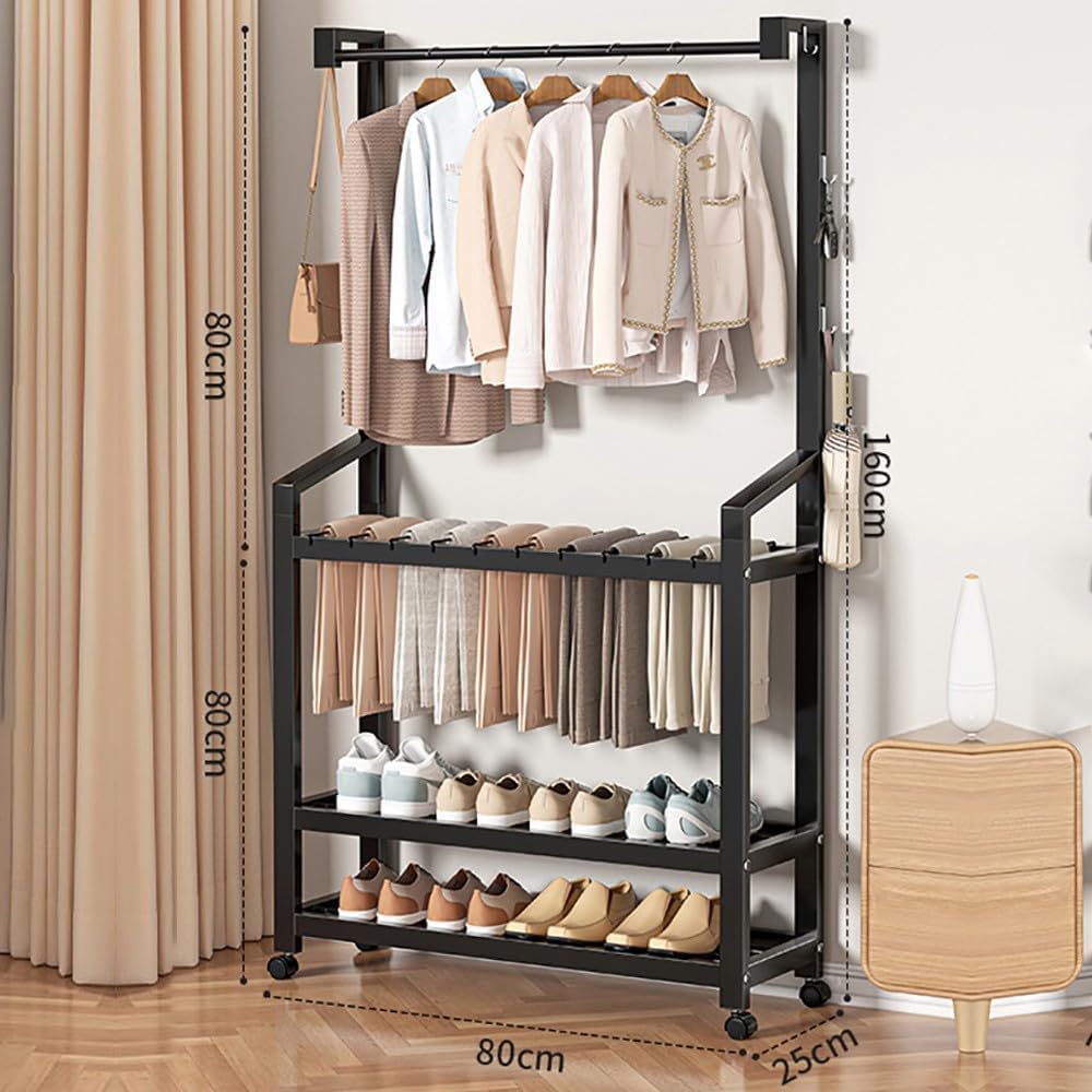 Office,Hallway Coat Rack with Storage Freestanding Garment Rack with Shoe Storage with Hooks Metal Frame Maximum Load 100kg for BedroomLiving Room(Black,80cm)