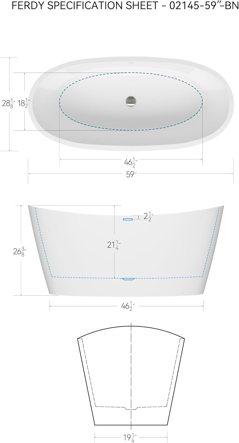 FerdY Naha Elite 59' Acrylic Freestanding Bathtub, Curve Edge Freestanding Soaking Bathtub, Glossy White, cUPC Certified, Brushed Nickel Drain & Minimalist Linear Design Overflow Included, 02588