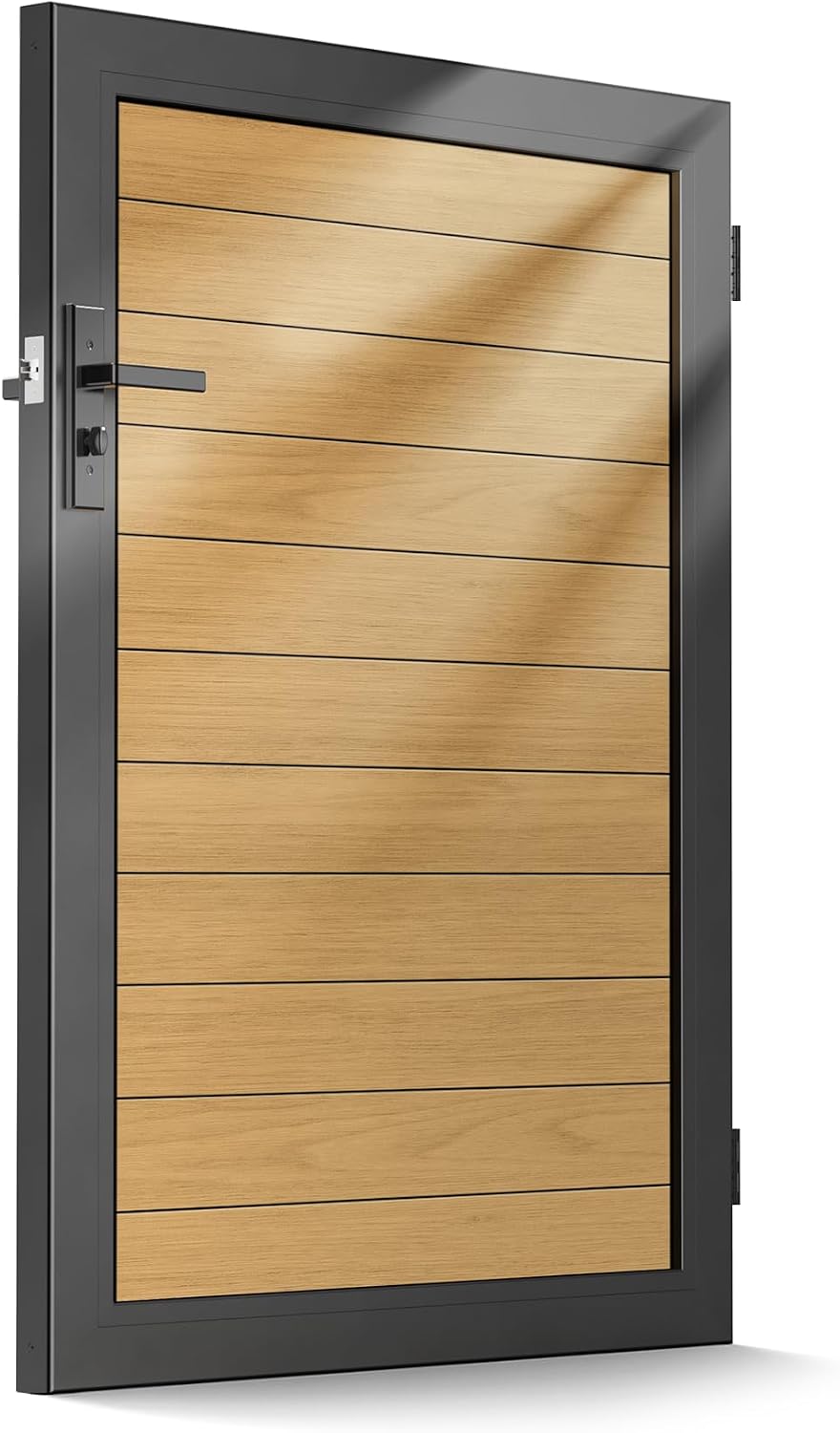 3x4 FT Aluminum Fence Gate Kit Wood Grain Aluminum Gate with Decorative Cutout, Lock & Hinges, Left/Right Opening, Weather Resistant for Yard Garden Patio