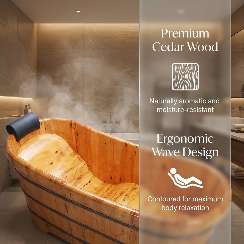 55 In Cedar Wood Bathtub for Adults, Wave-Base Water-Saving Wooden Bath Tub, Eco-Friendly Solid Wood Bath Barrel, Premium Sauna Wood Bath Tub for Home and Commercial Use