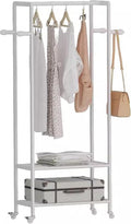 Heavy Duty Coat Rack, Garment Rack Rolling Clothing Rack, Space-Saving Clothes Rack On Wheels, Portable Hanging Storage Organizer with 2 Shelves and 4 Hooks, 3-in-1 Metal Coat Rack for Bedroom (White