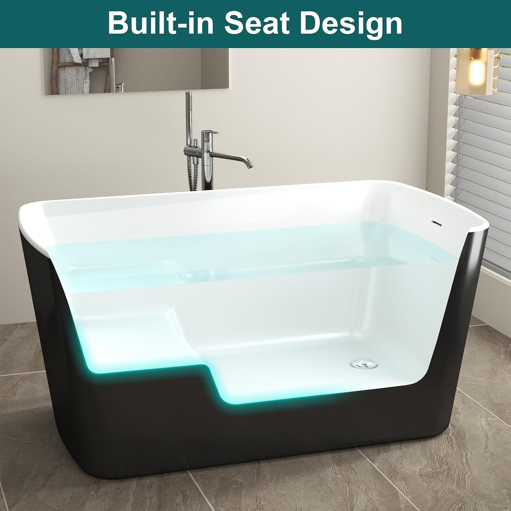 Zevemomo 49' Glossy White Acrylic Freestanding Soaking Tub w/Seat- Contemporary Design with Toe-Tap Drain & Brushed Nickel Overflow - 55 Gal, cUPC Certified