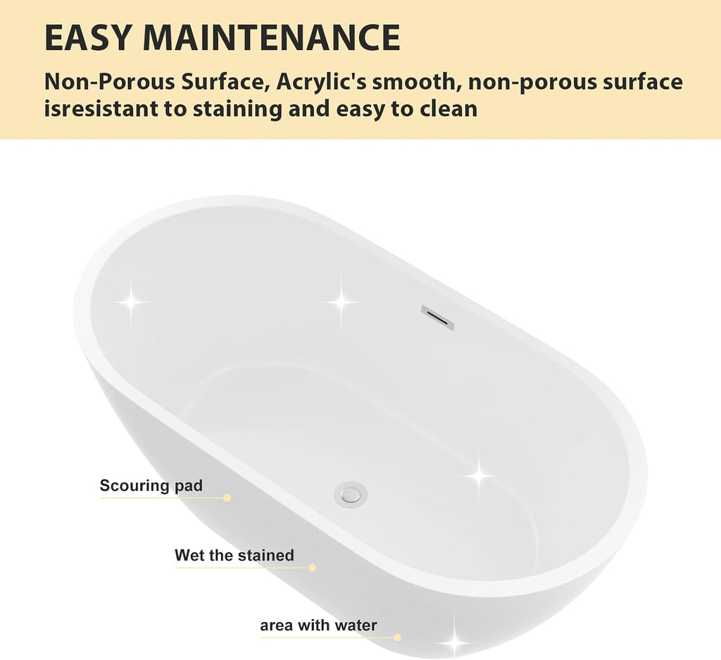 Logmey 59 Inch White Acrylic Freestanding Bathtub with Overflow Oval Shape Soaking Tub for Classic and Modern Bathrooms Chrome, Drain & Overflow Assembly Included