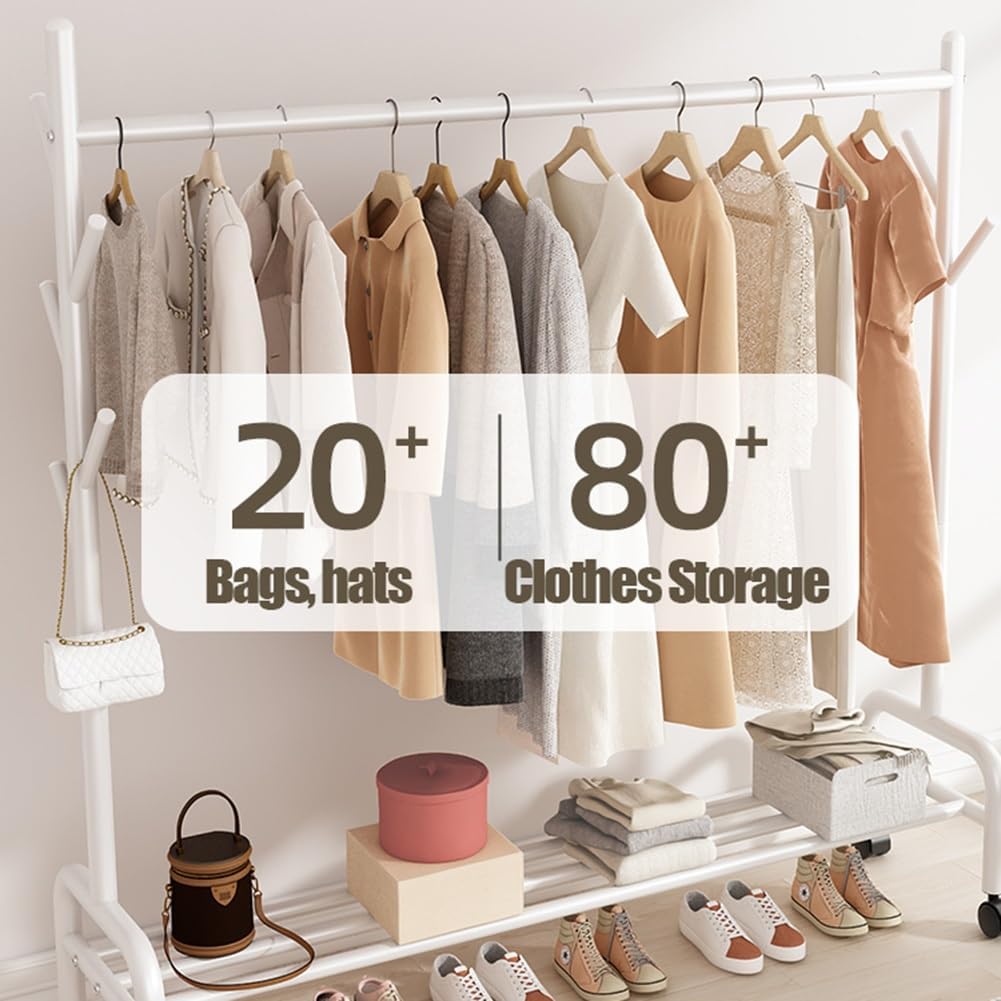 Metal Garment Rack with Wheels, Clothes Rail with Side Hooks and Storage Shelf, Rolling Clothing Organizer, Load Capacity 198lbs (Color : White, Size : 150x37x154cm) (White 60x37x154cm)