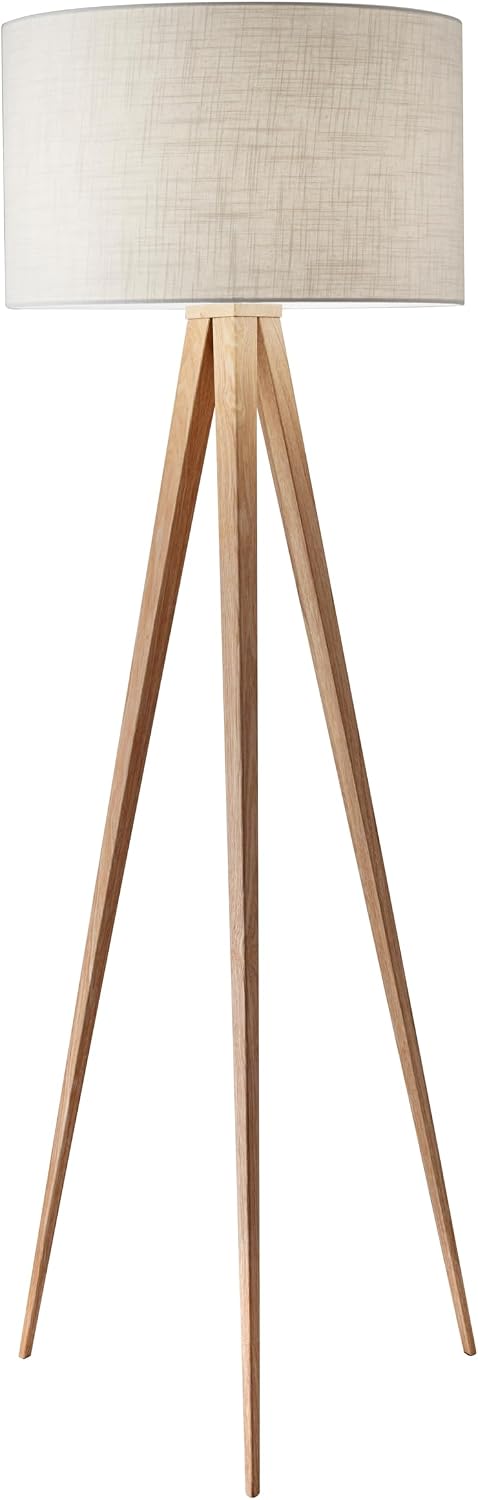 Adesso Floor Lamp with Natural Oak Veneer and Off-White Fabric Lampshade – 3-Way Adjustable Brightness, Lamp for Bedroom, Living Room, and House Décor, 60.25' x 21'