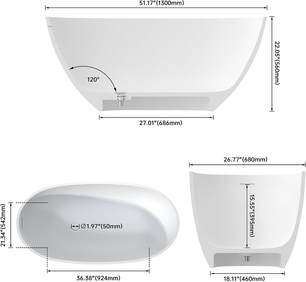 51' Premium Solid Surface Freestanding Bathtubs, Unique Oval Stone Resin Bath Tub with Overflow and Pop-up Drain, Matte White