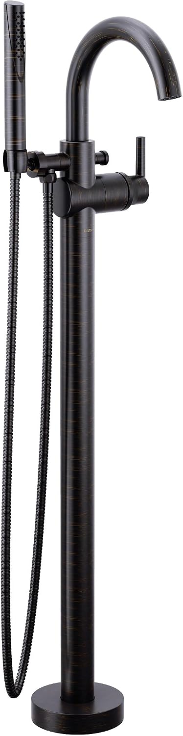 Delta Faucet Trinsic Floor Mount Tub Filler - Freestanding Roman Tub Spout with Handheld Shower - Flexible Shower Hose - Double Check Valves - Venetian Bronze, T4759-RBFL (Rough Sold Separately)