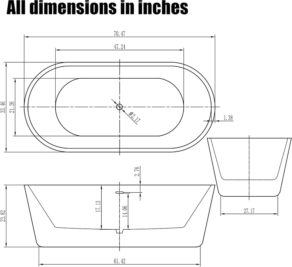 HEATGENE 70 Inches Acrylic Freestanding Bathtub Contemporary Soaking Tub Oval Modern Bathtub Easy to Install UPC Certified Drain & Overflow Assembly Included