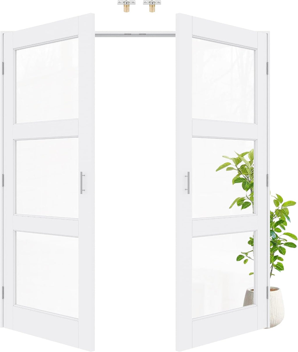 64' x 80' Ball Catch French Doors, 3 Panel Clear Glass Solid Core Pre-Finished & Paintable Double Doors with Ball Catches & Hinges & Handles, White Door, Swing Closet Door Interior